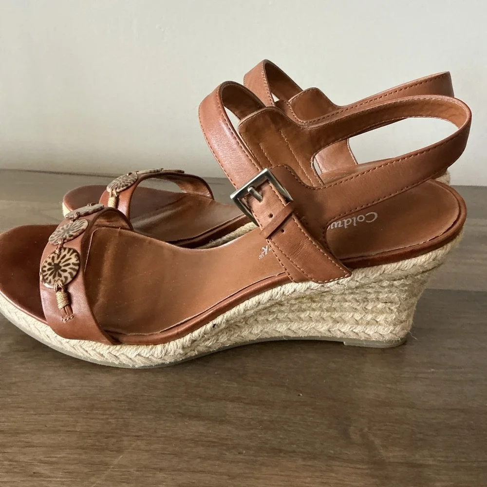 Coldwater Creek Wedge‎ Espadrille Brown Leather Sandal Size 9